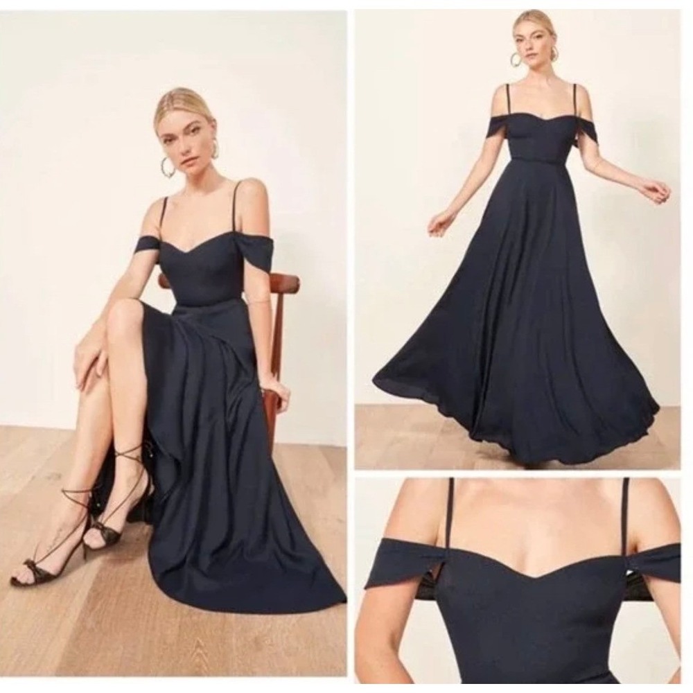 Reformation Poppy Navy Blue Cold Shoulder Maxi Dress Sweetheart Neckline 0 XS